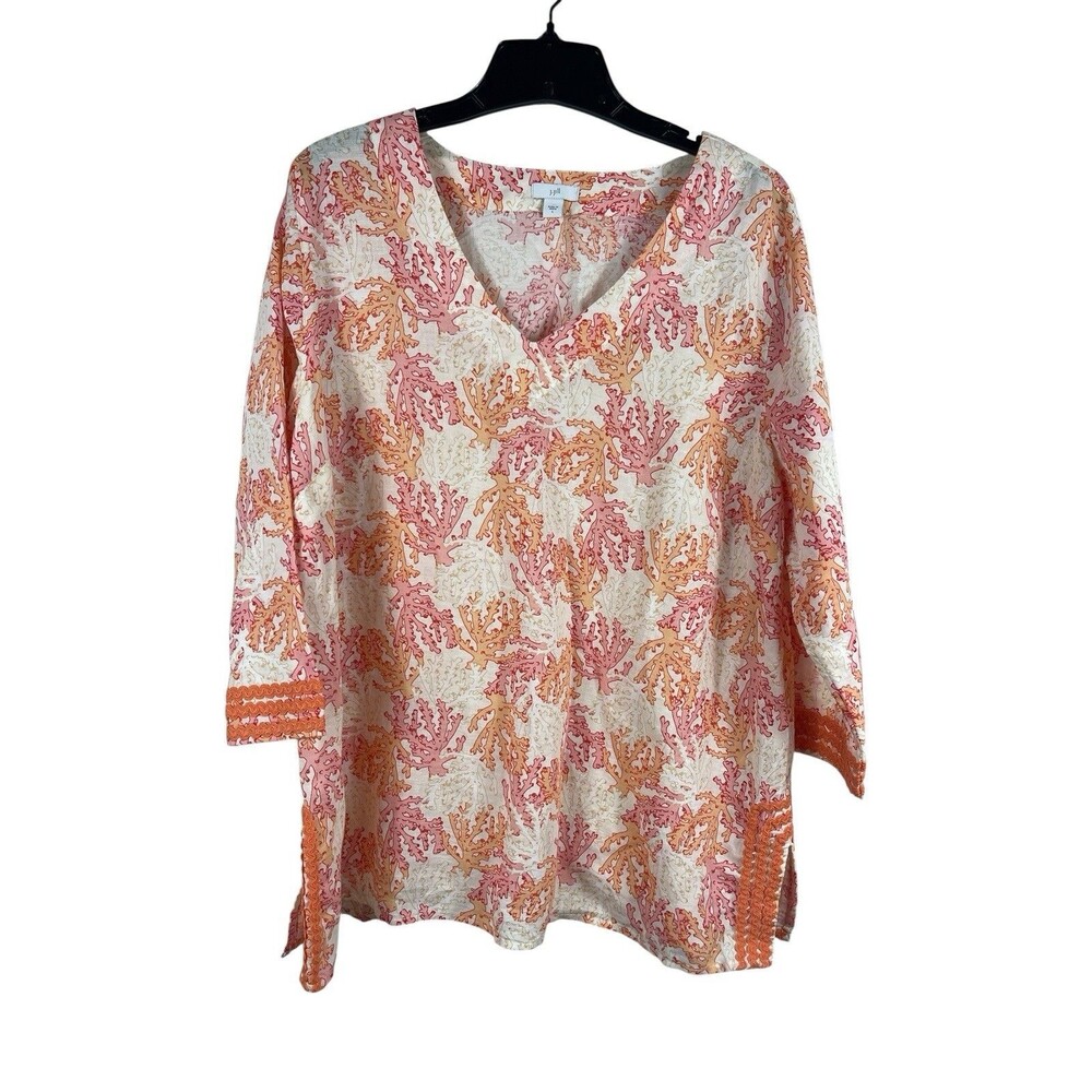 J. Jill Womens Linen Cotton Tunic Top Coral Print V Neck 3/4 Sleeve Coastal Boho